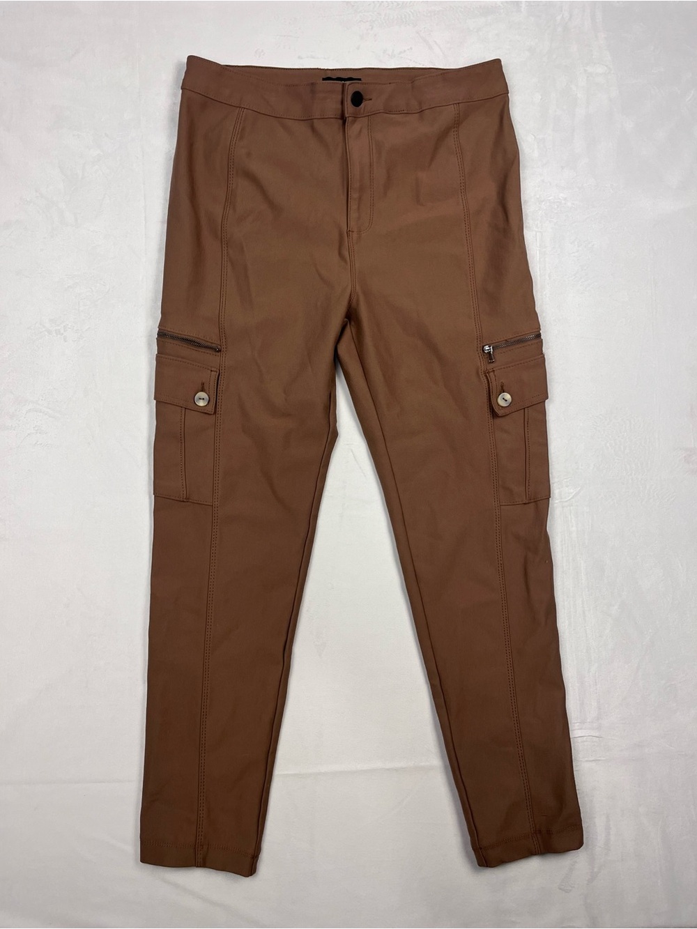 Simon Chang Faux Suede Utility Cargo Brown Skinny Pants Size 14